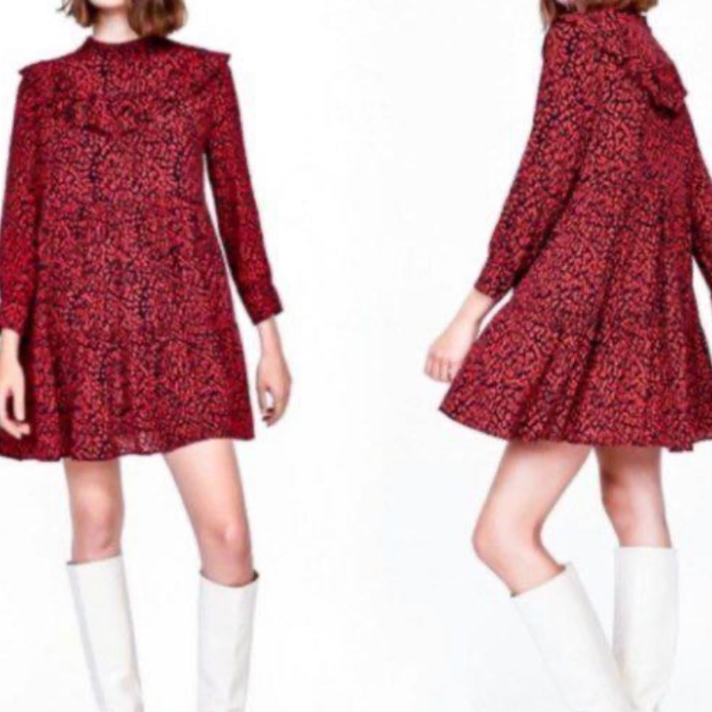 Zara Red and Black Leopard Print Mockneck Dress